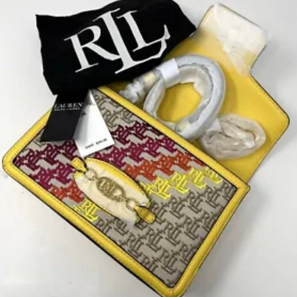 Ralph Lauren Medium Sydnee Monogram Jacquard Shoulder Bag Purse Yellow Pink Orng